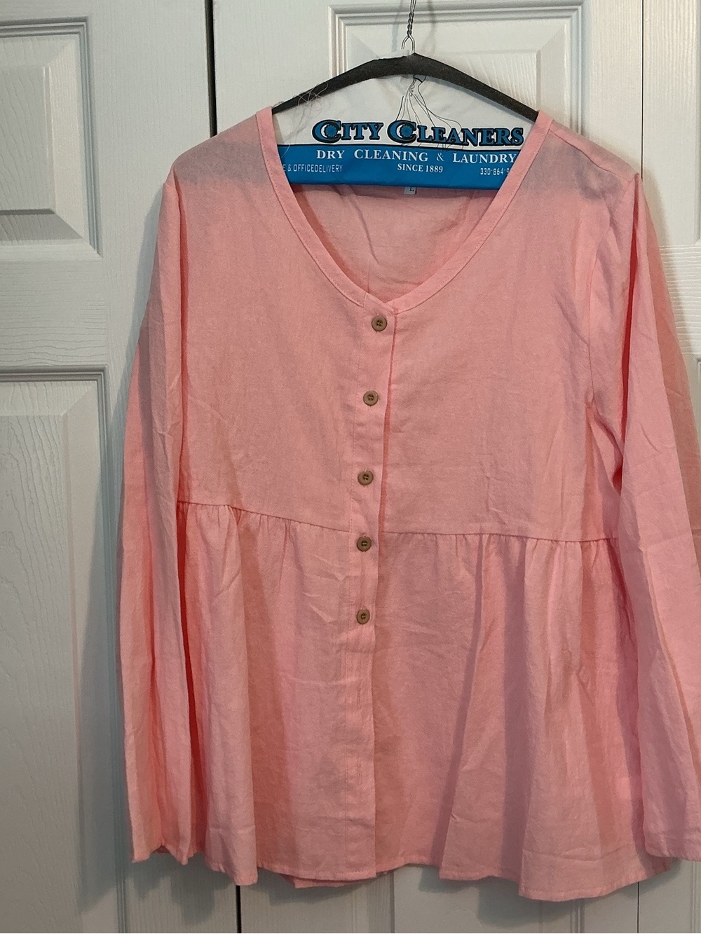 Pink Button-Front Peplum Blouse